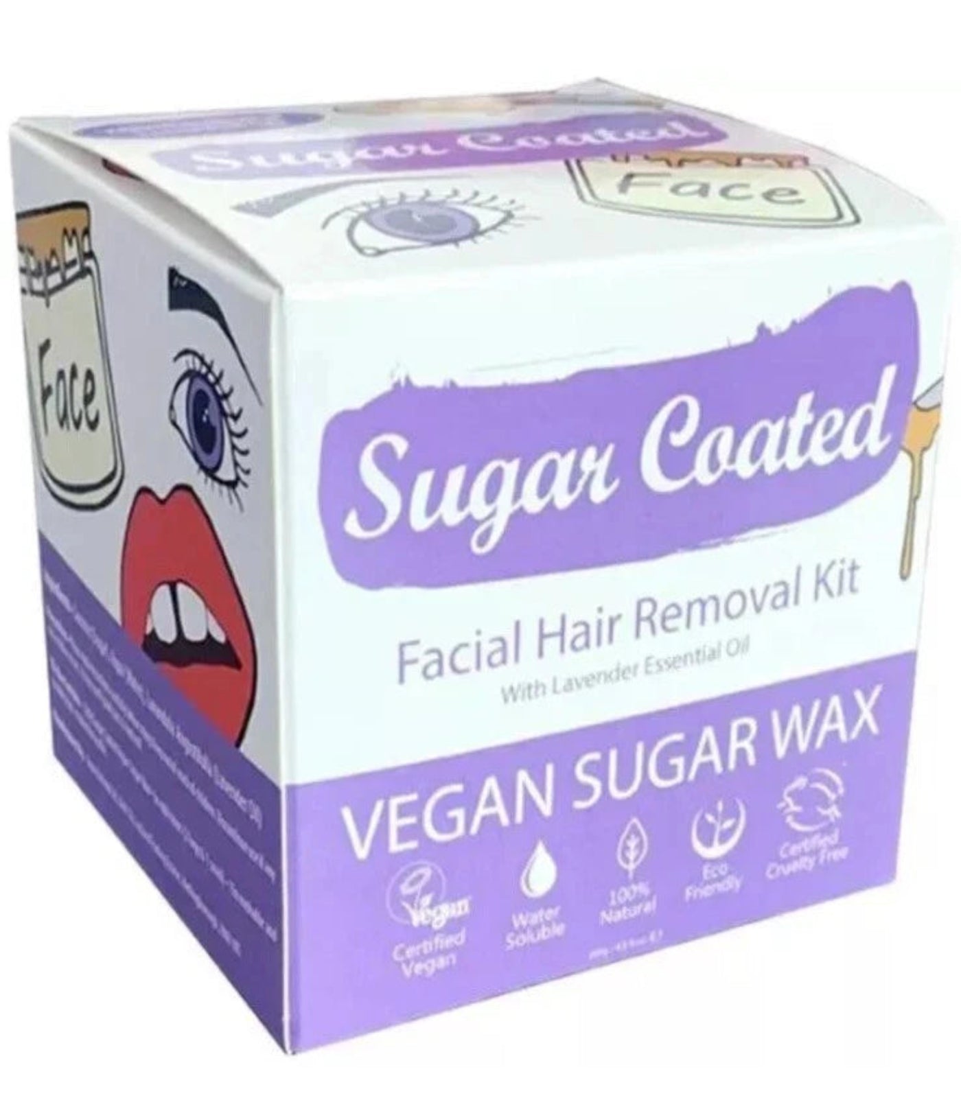 Box of Sugar Coated Facial Hair Removal Kit with lavender essential oil on a white background