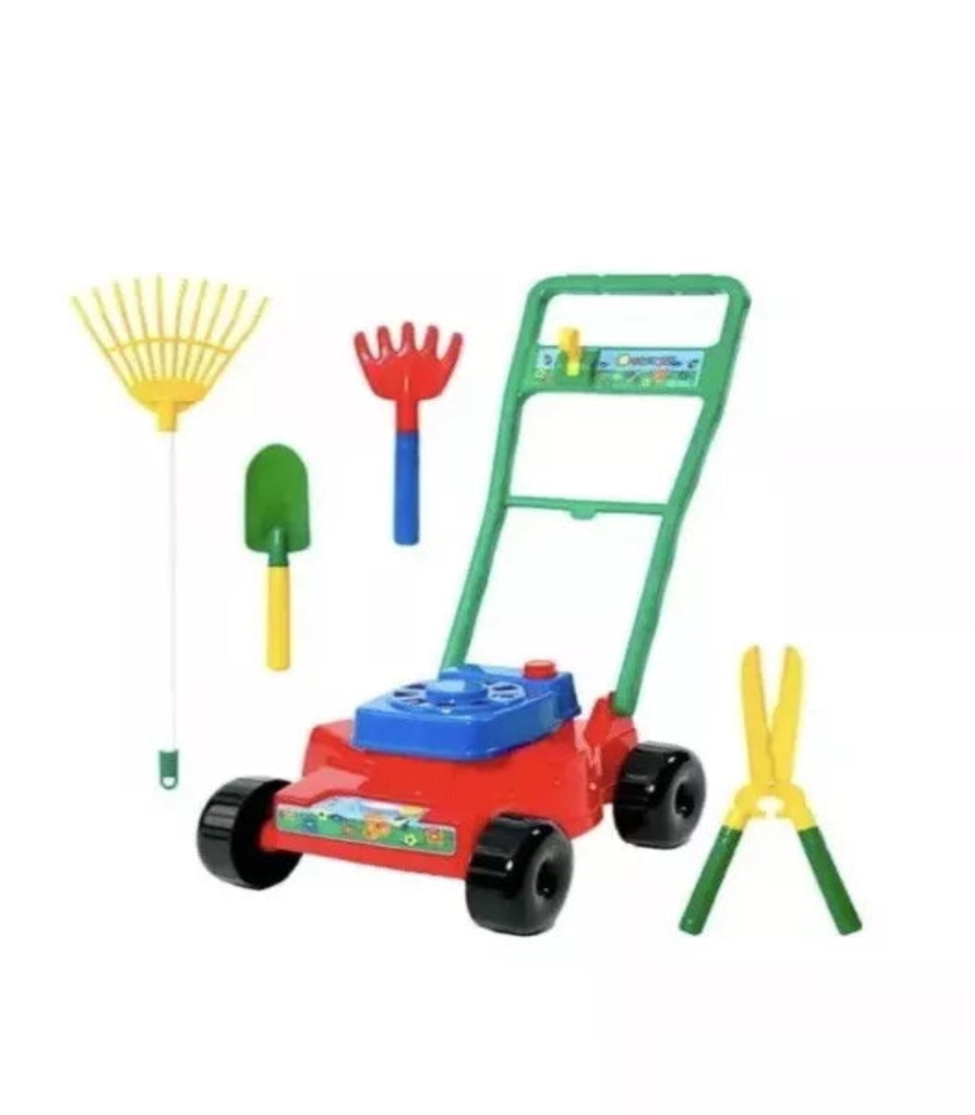 Colorful toy garden set with a mower, rake, and shovels on a white background