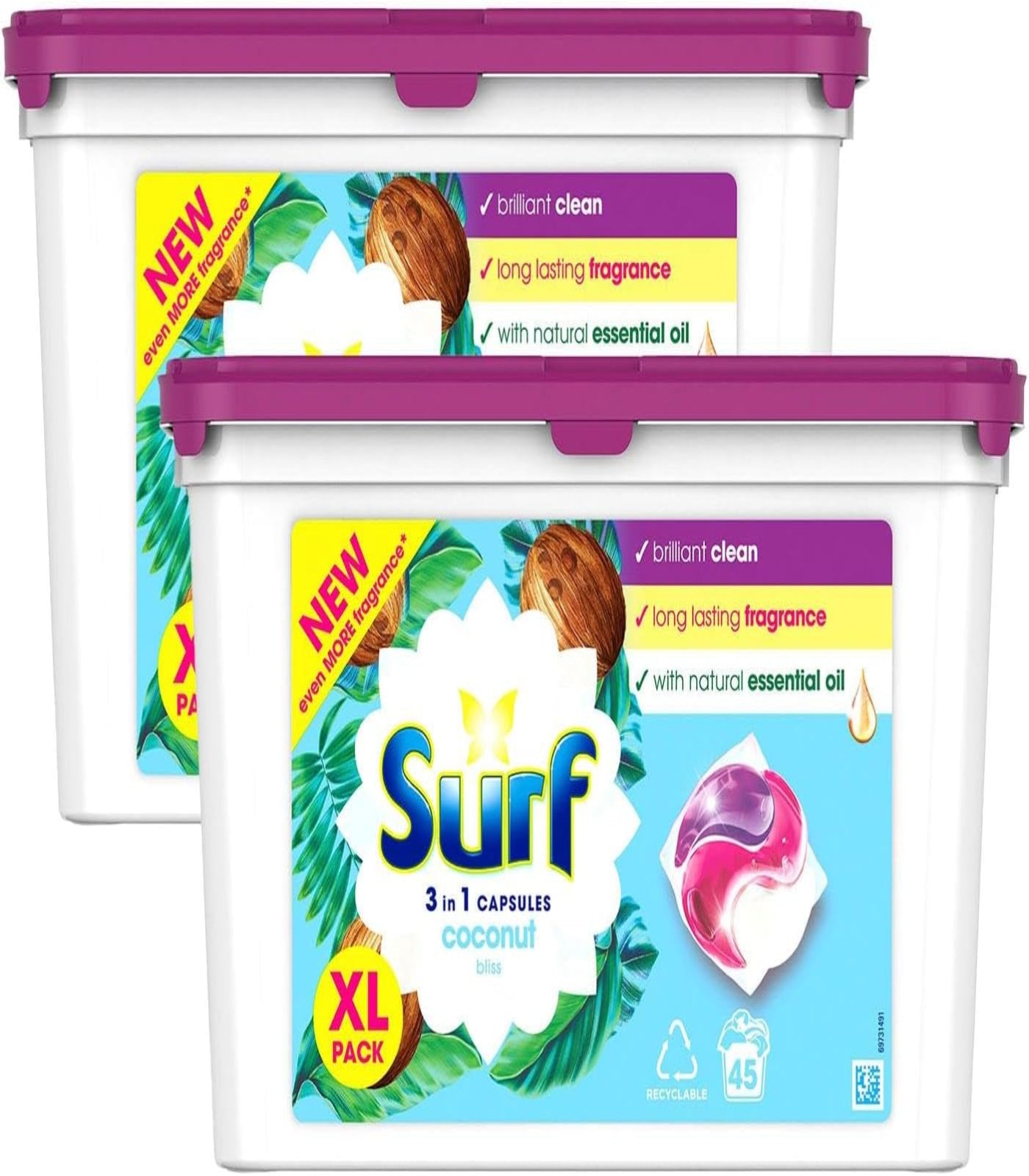 Two surf laundry detergent capsules containers with coconut flavor on a white background