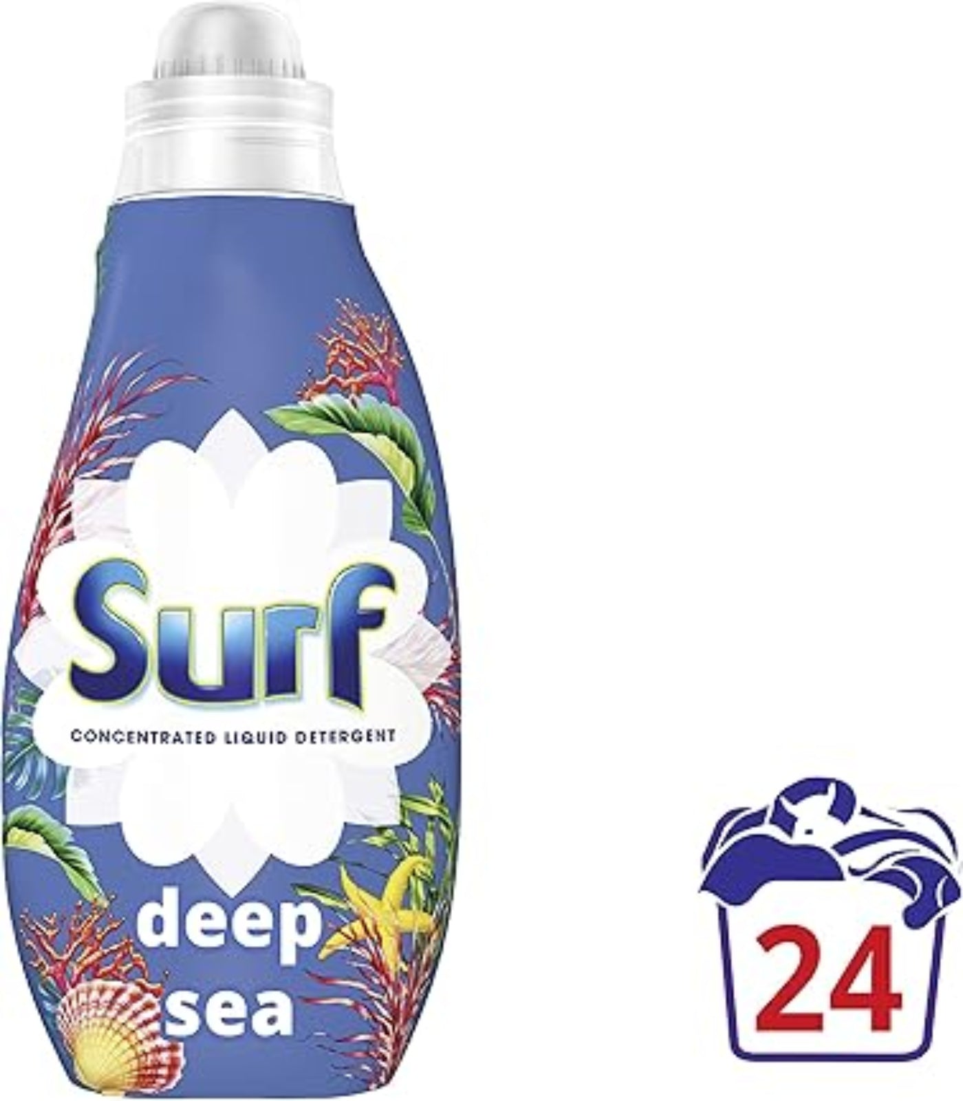 Surf deep sea concentrated liquid detergent bottle with colorful design on a white background
