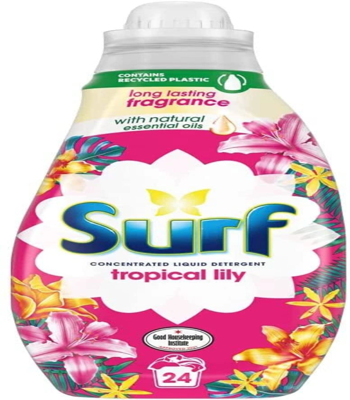 Surf concentrated liquid detergent bottle with tropical lily fragrance on a white background