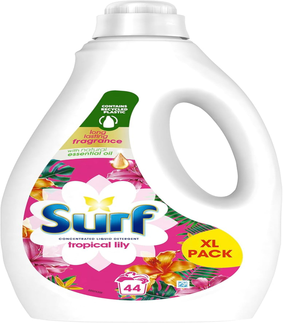 Surf laundry detergent bottle with tropical lily fragrance on a white background