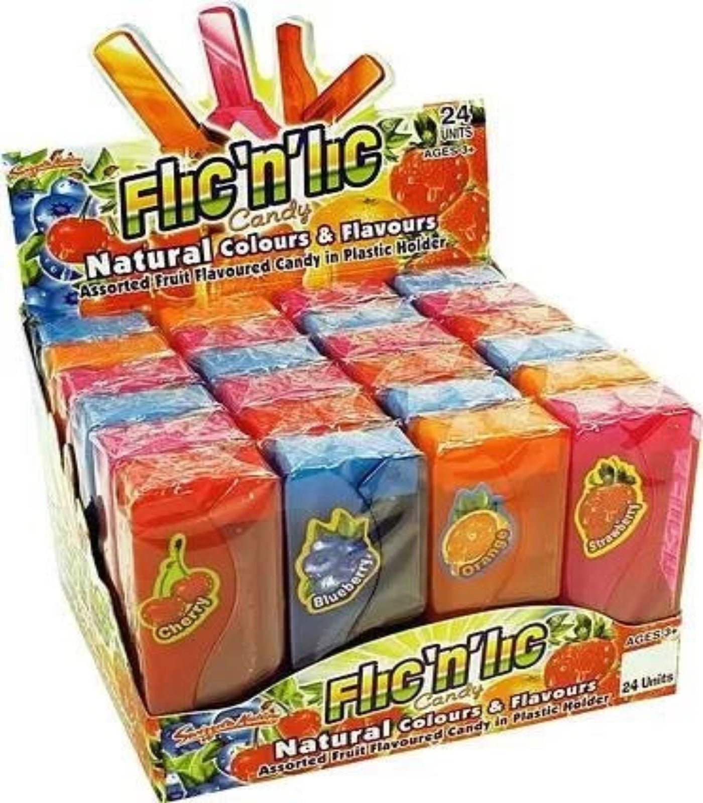 Display box of Flic'lic candy with colorful packaging on a white background
