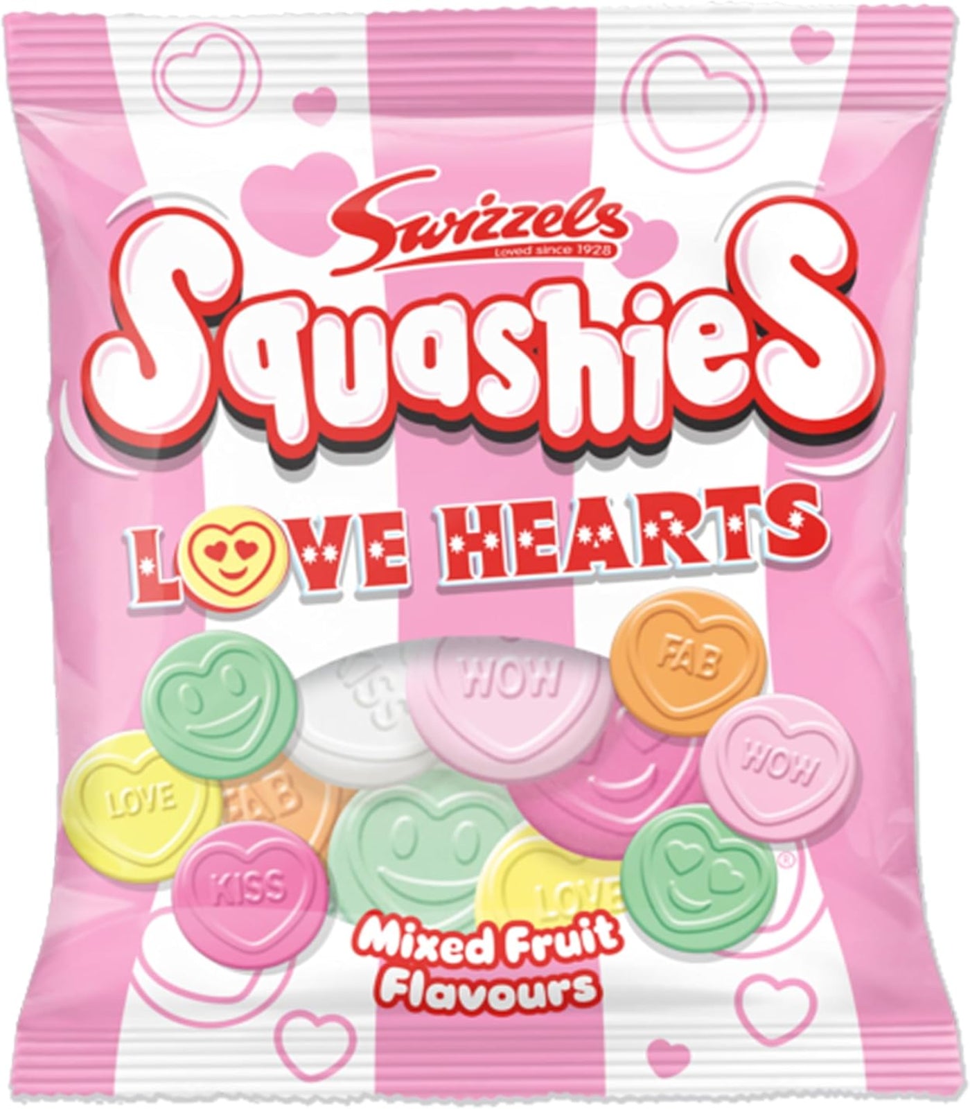 Packaging of Swizzles Squashies Love Hearts candy with pink and white striped background