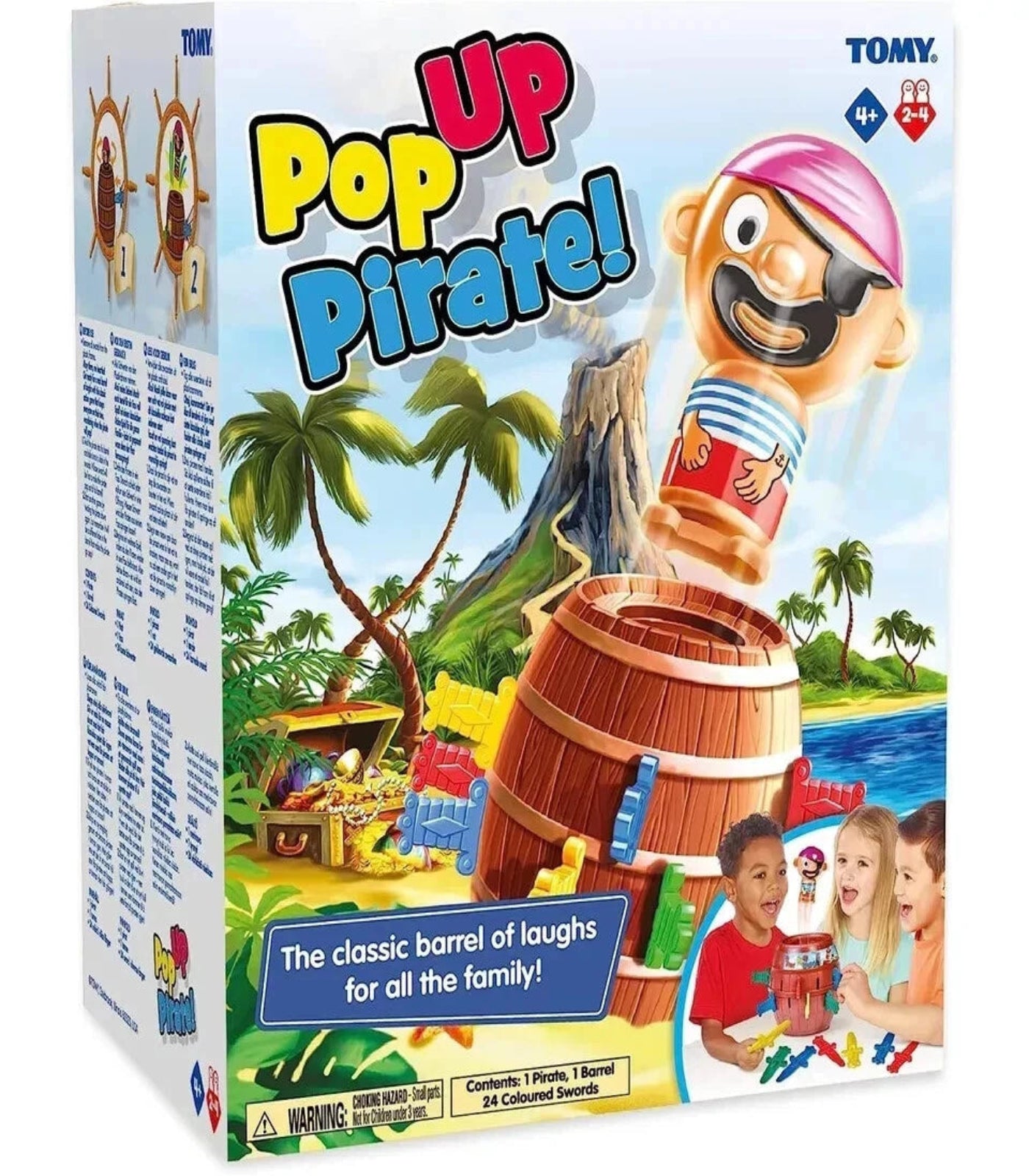 Tomy Pop Up Pirate toy packaging with a pirate figure and tropical scene.
