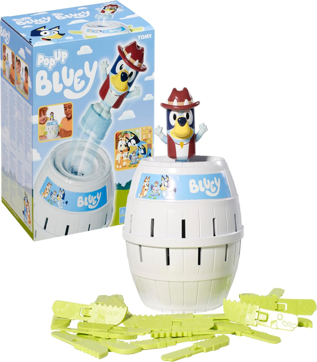 Pop-Up Bluey toy with packaging and clothespins on a white background