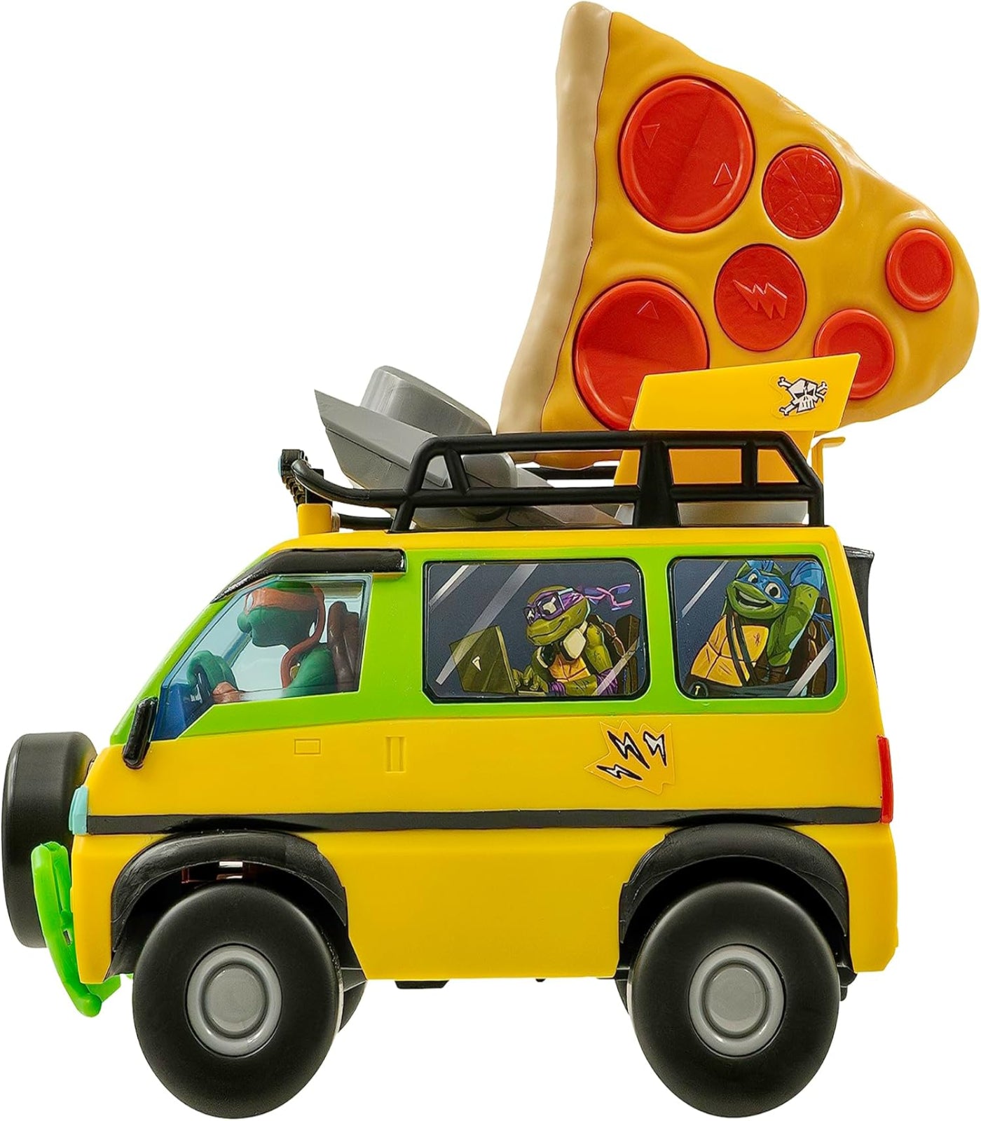Toy van with pizza box on top featuring cartoon characters inside