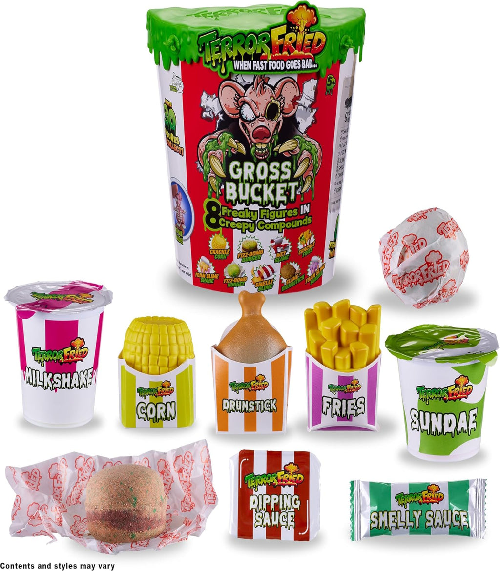 Gross Bucket toy set with various miniature food items and packaging on a white background