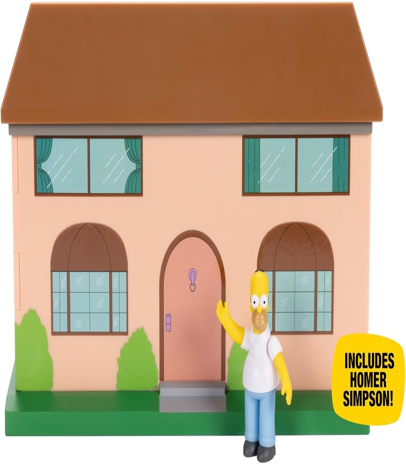 Model house with a figure of Homer Simpson in front, on a white background
