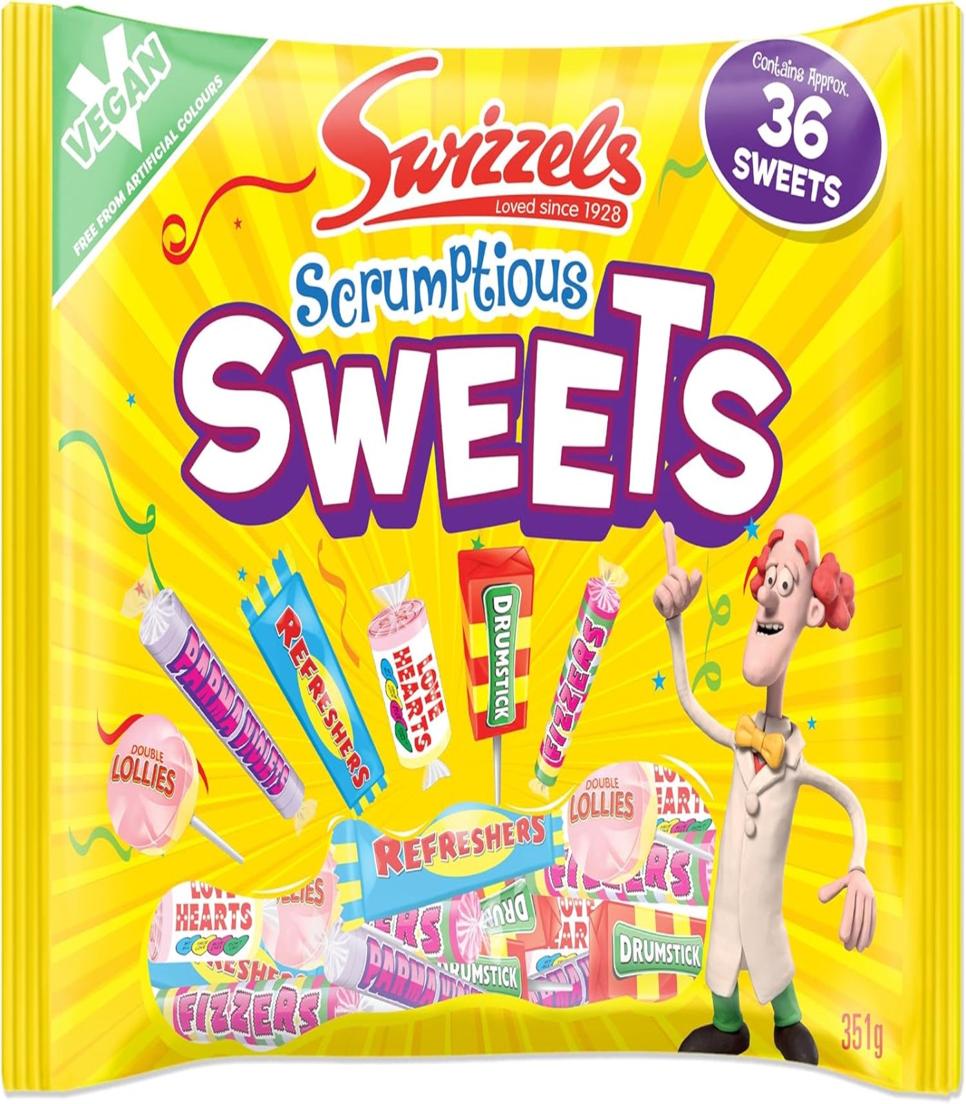 Swizzles Scrumptious Sweets packaging with cartoon character on yellow background