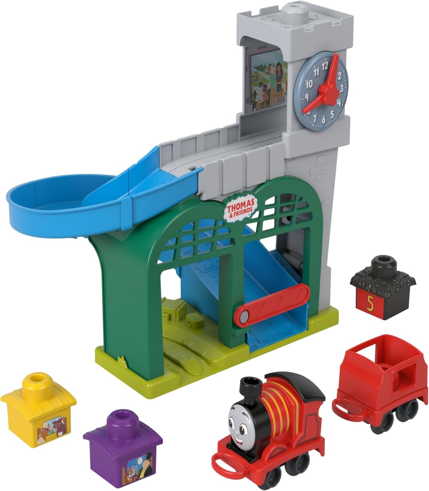 Toy train set with station and characters on a white background