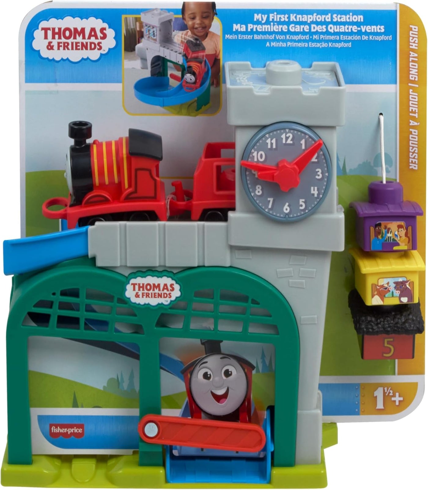 Toy train set with clock and platform on Thomas & Friends packaging
