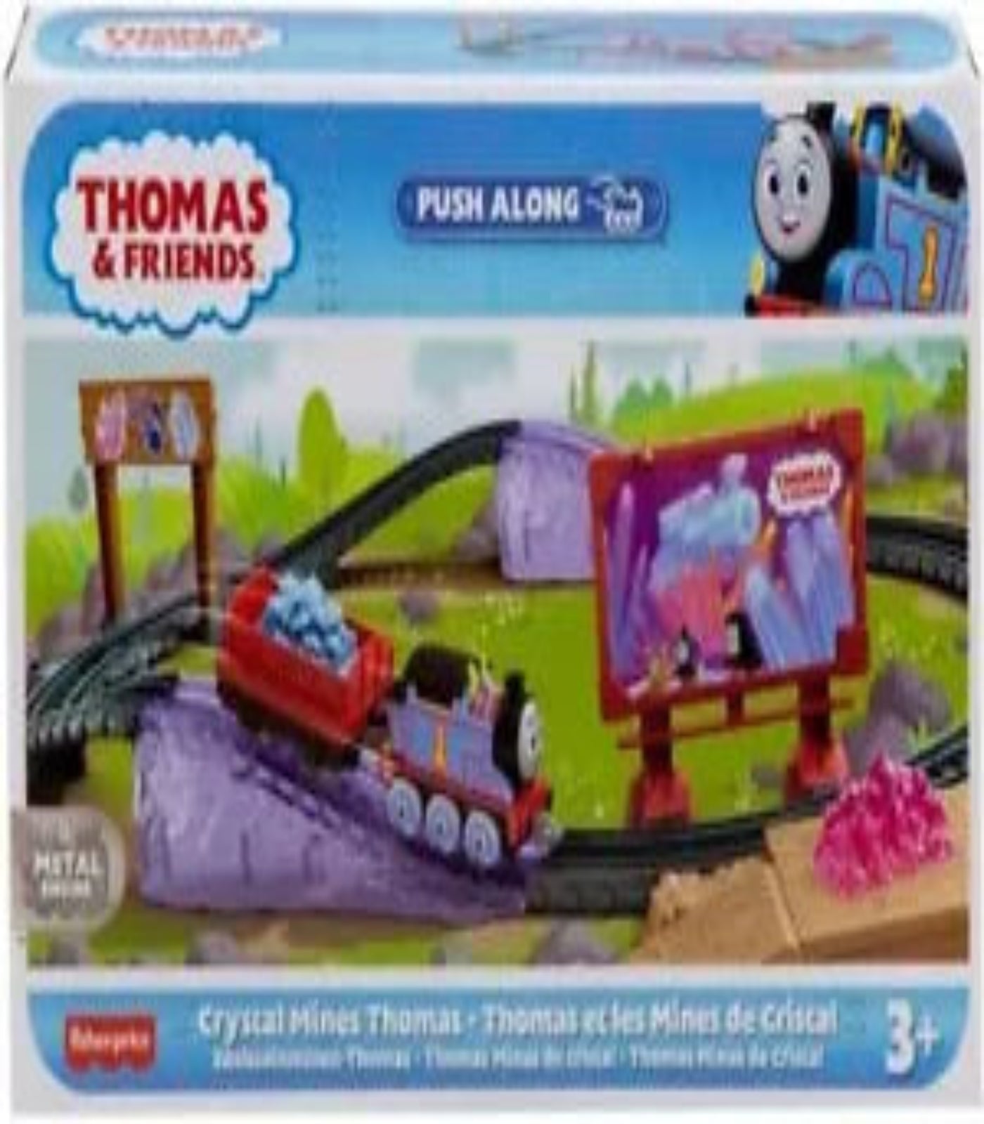 Toy train set with Thomas the Tank Engine and friends, featuring a push-along design.