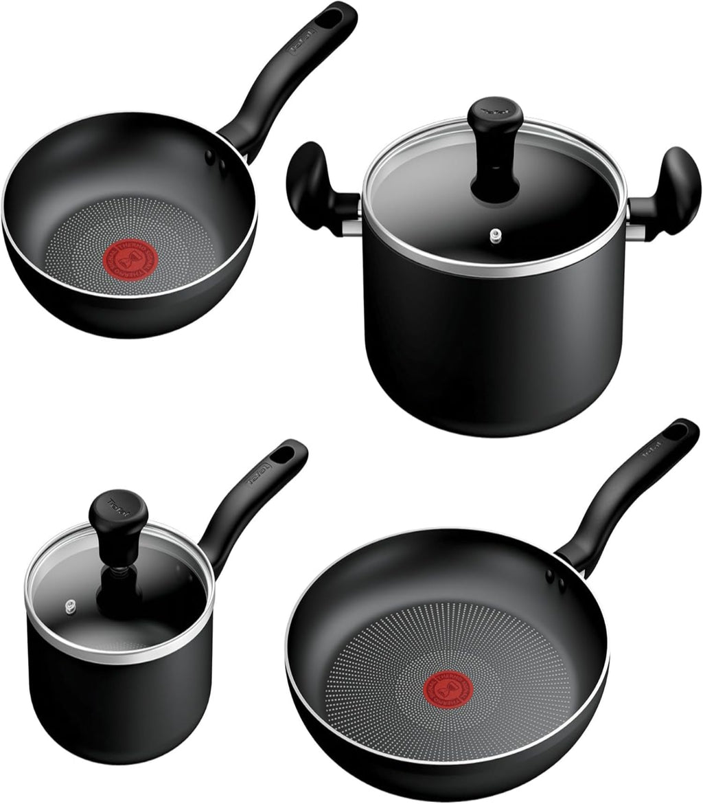 Set of black cookware with Teflon brand logo on a white background