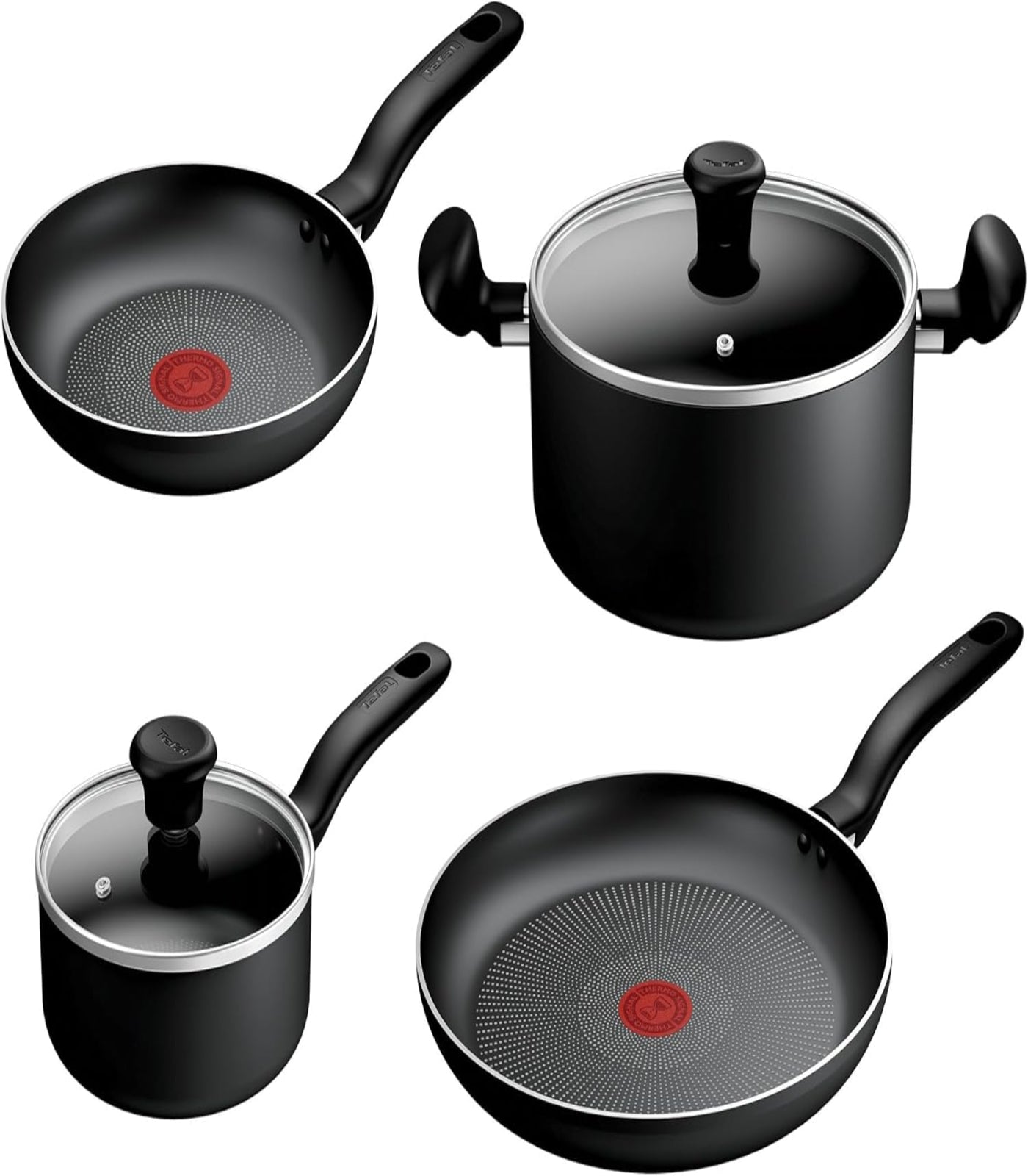 Set of black cookware with Teflon brand logo on a white background