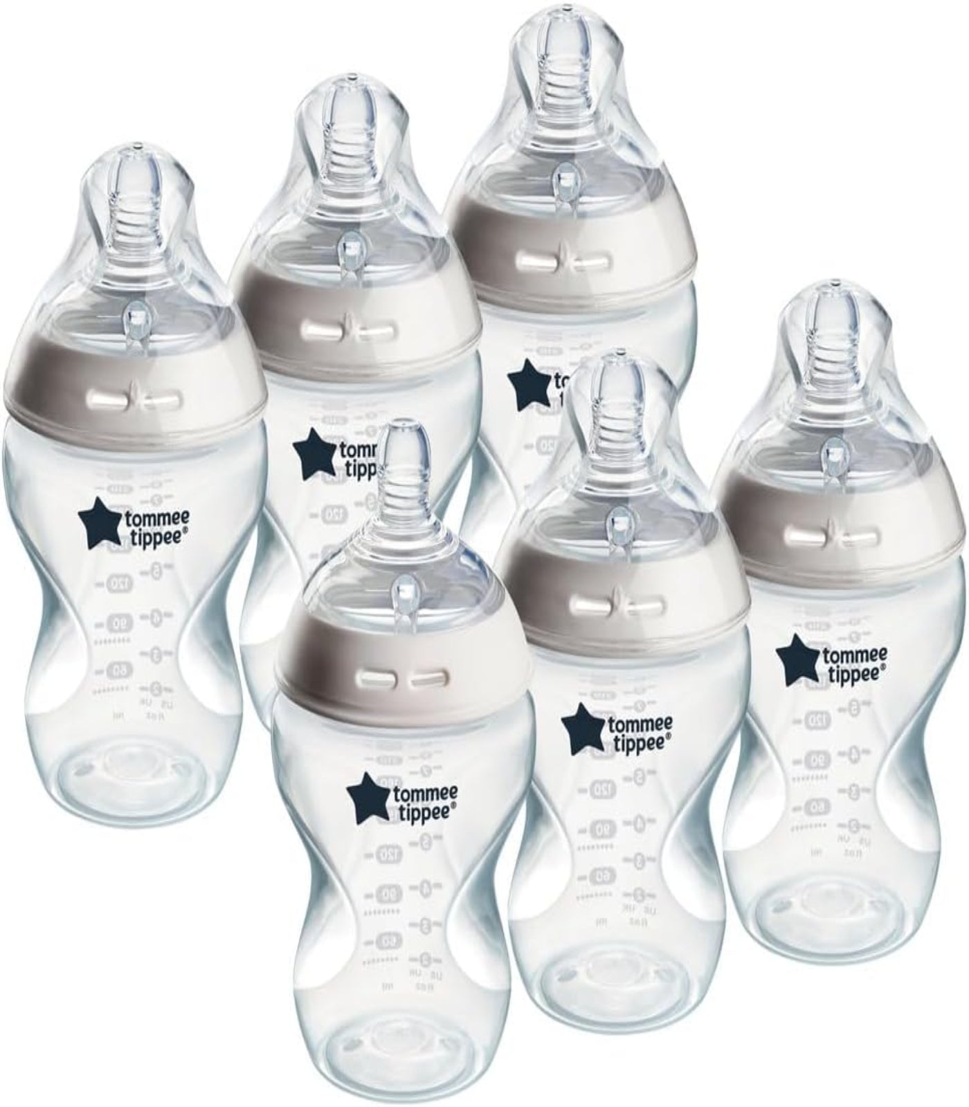 Set of six Tommee Tippee baby bottles on a white background