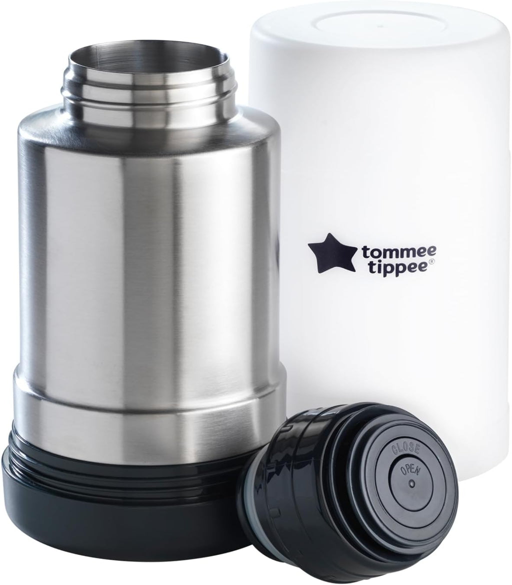 Stainless steel thermos with black lid and white container featuring Tommee Tippee logo.