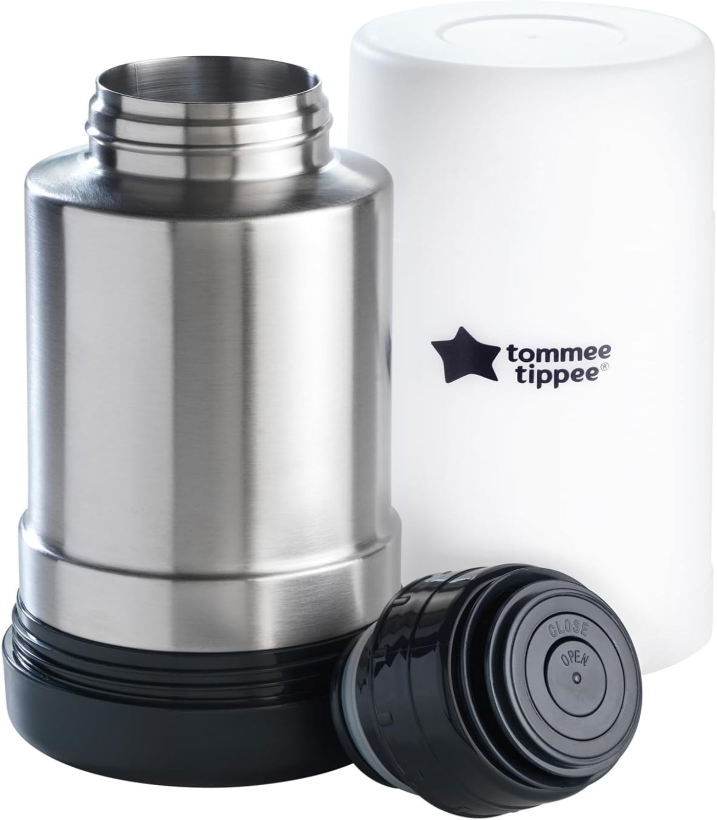 Stainless steel thermos with black lid and white container featuring Tommee Tippee logo.