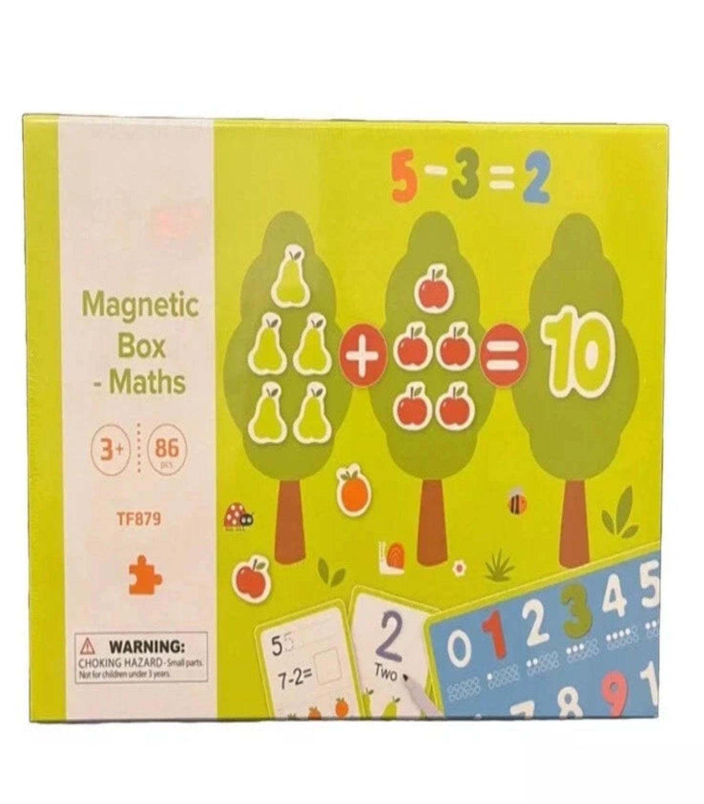 Magnetic Maths educational toy box with tree illustrations and numbers on a yellow background