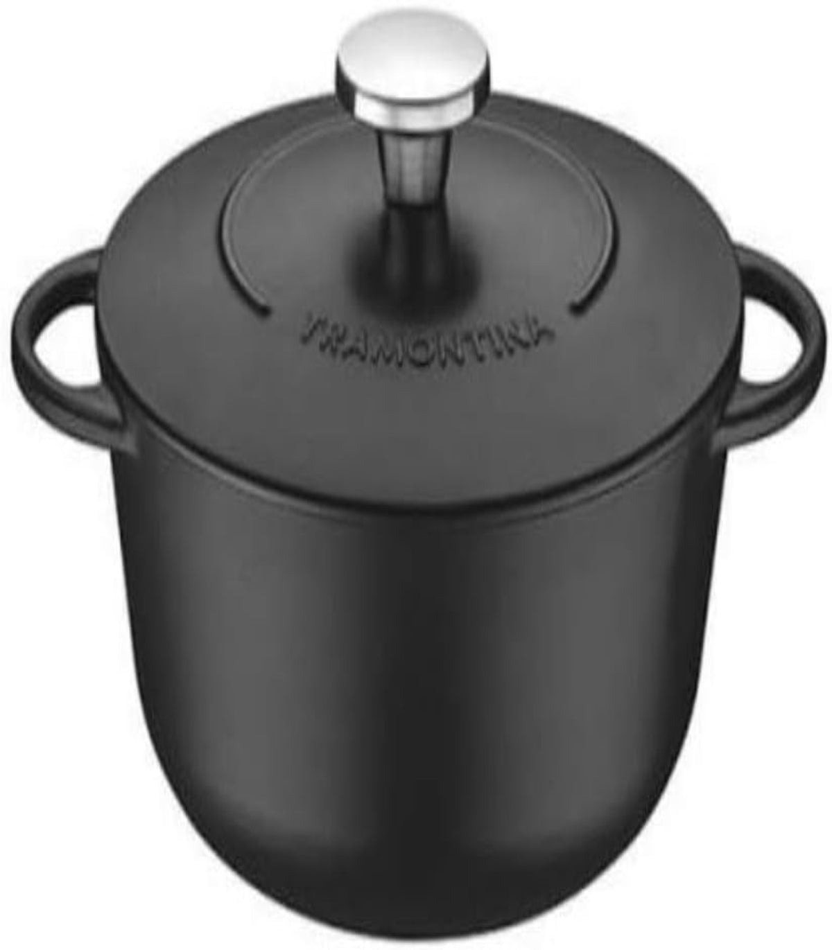 Black cast iron cookware with a lid on a white background