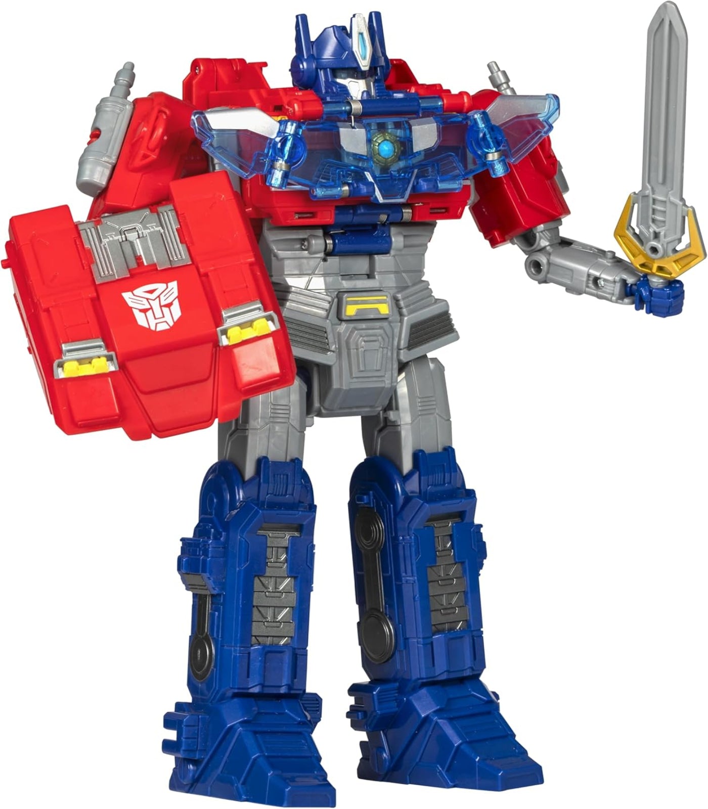 Toy robot figure with red, blue, and gray colors on a white background
