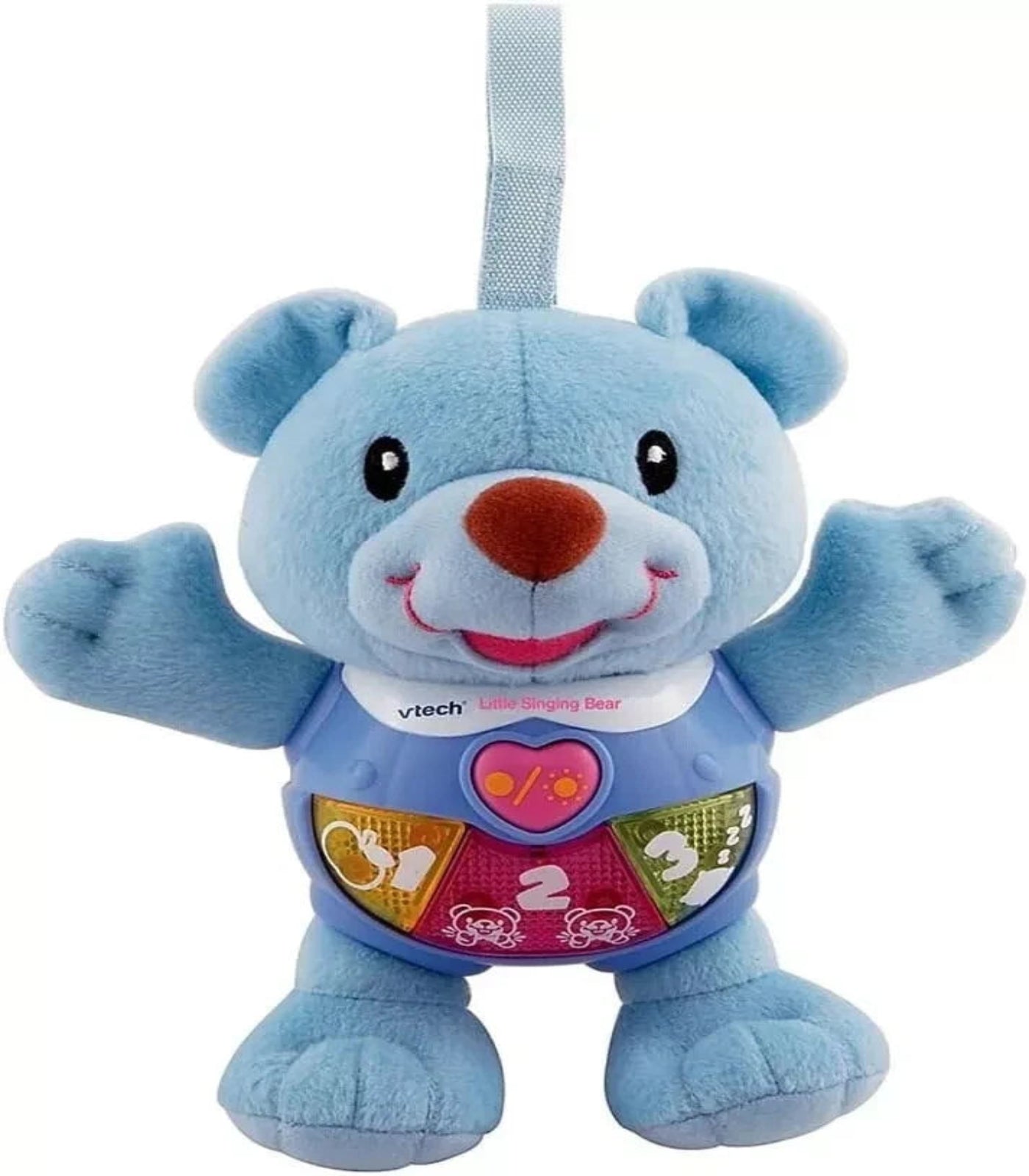 Blue teddy bear toy with educational elements on a white background