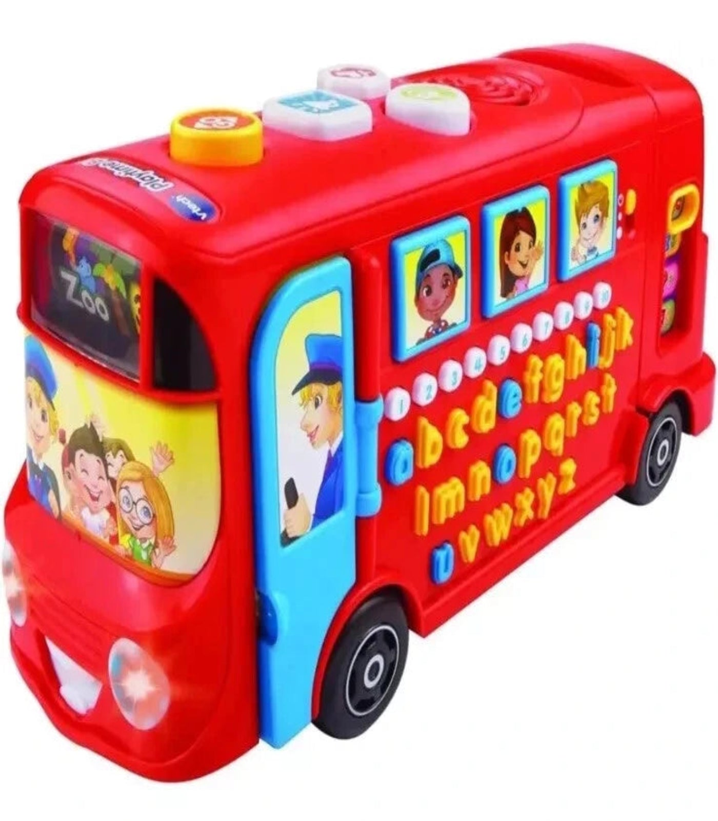 Red toy bus with educational elements on a white background