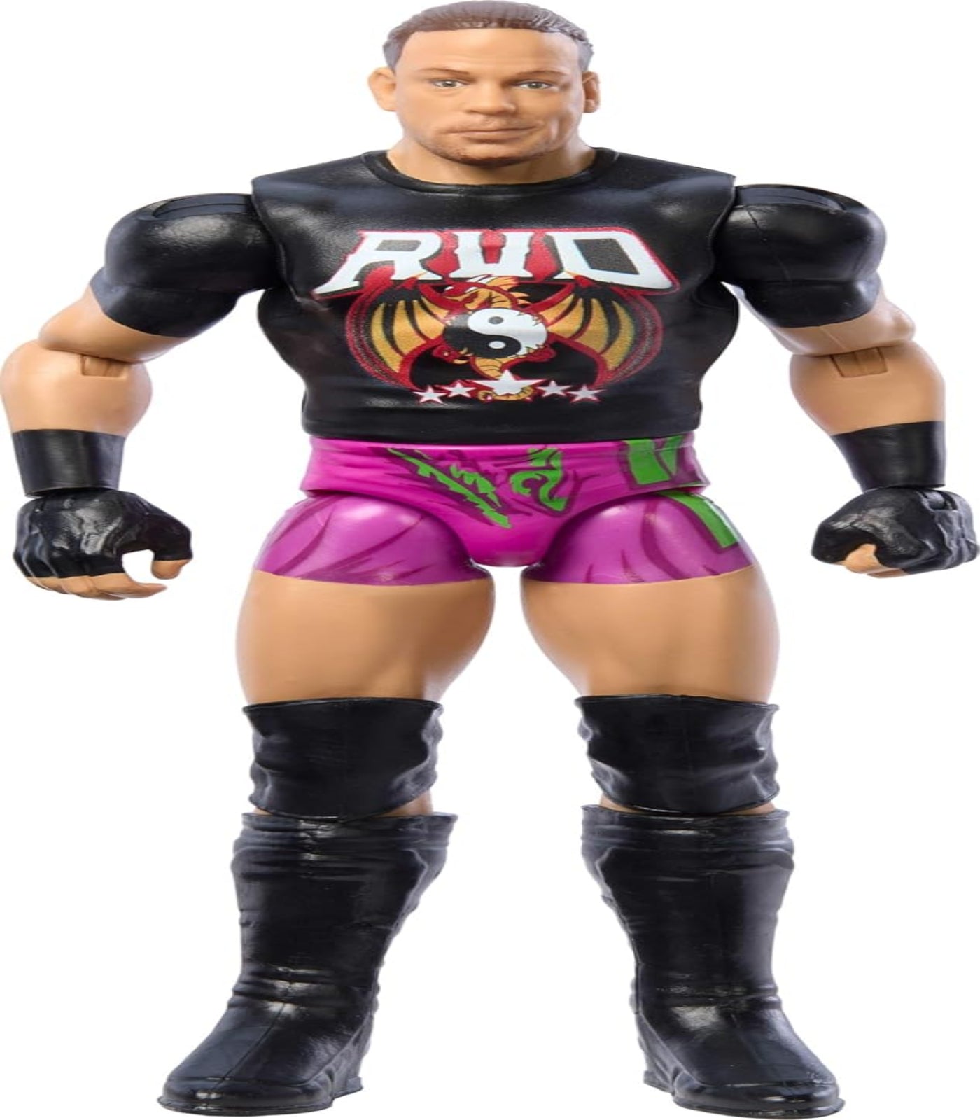 Wrestling action figure with black outfit and pink pants on a white background