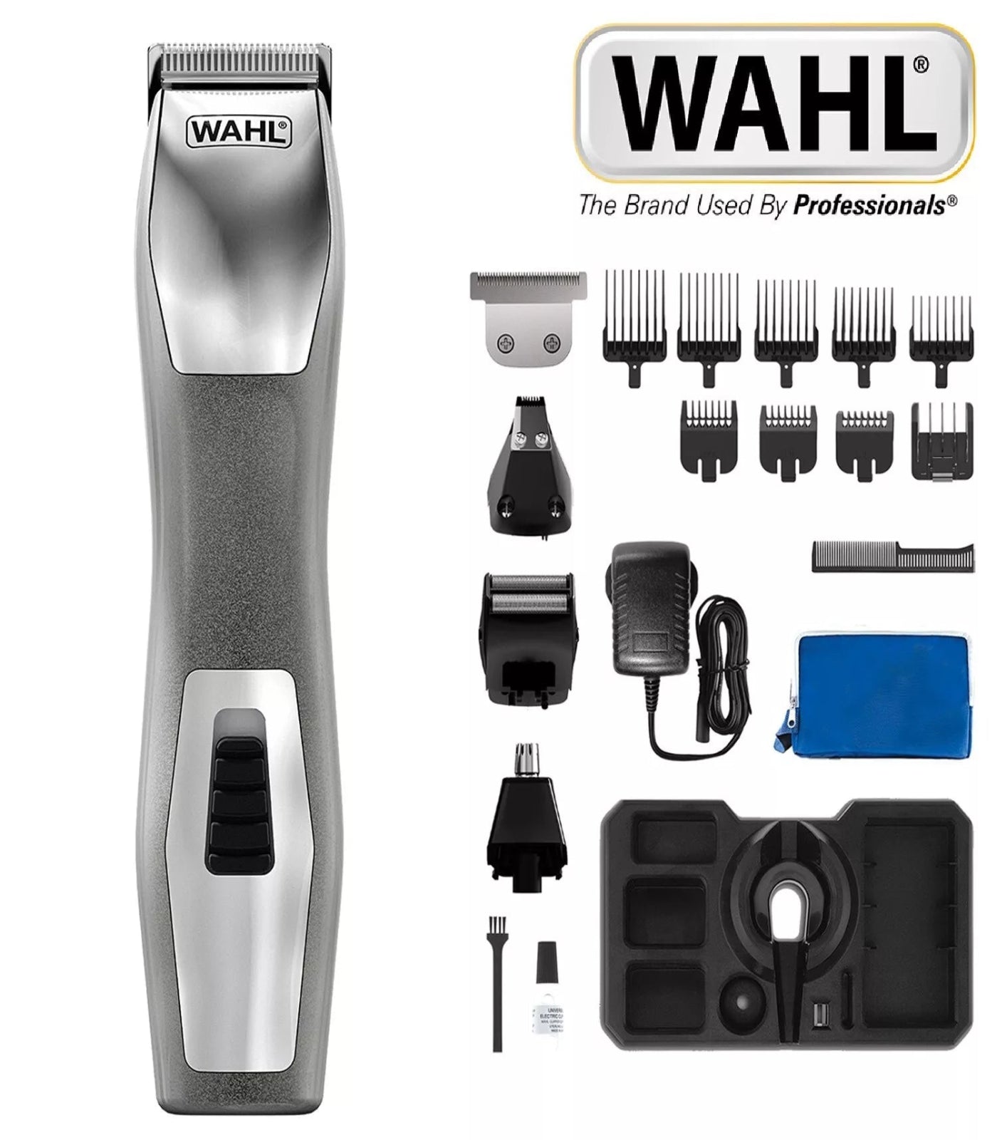 Wahl hair trimmer set with attachments on a white background