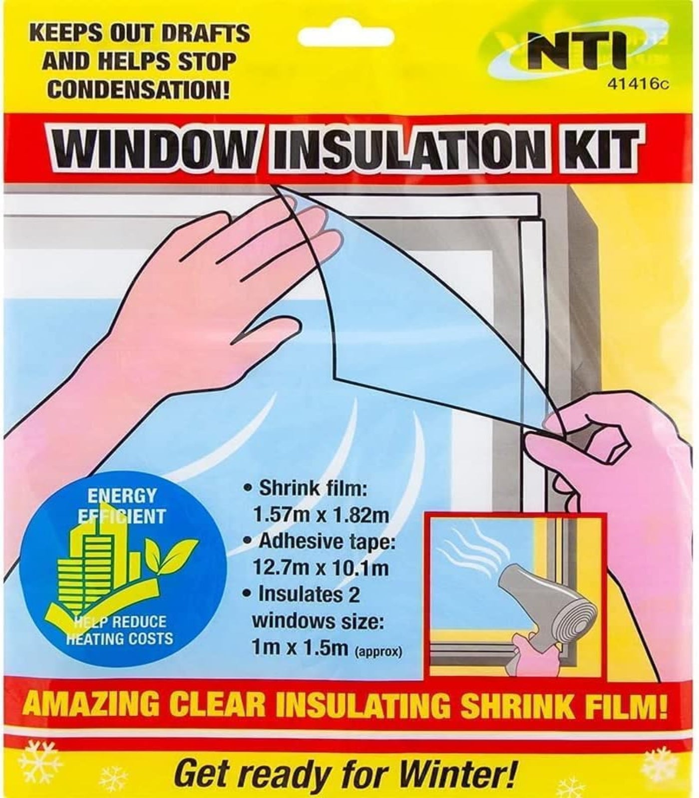 Window insulation kit packaging with hands applying shrink film to a window.