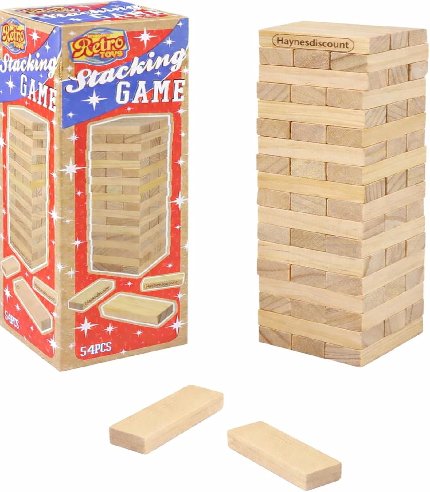 Wooden stacking game with matching box on a white background
