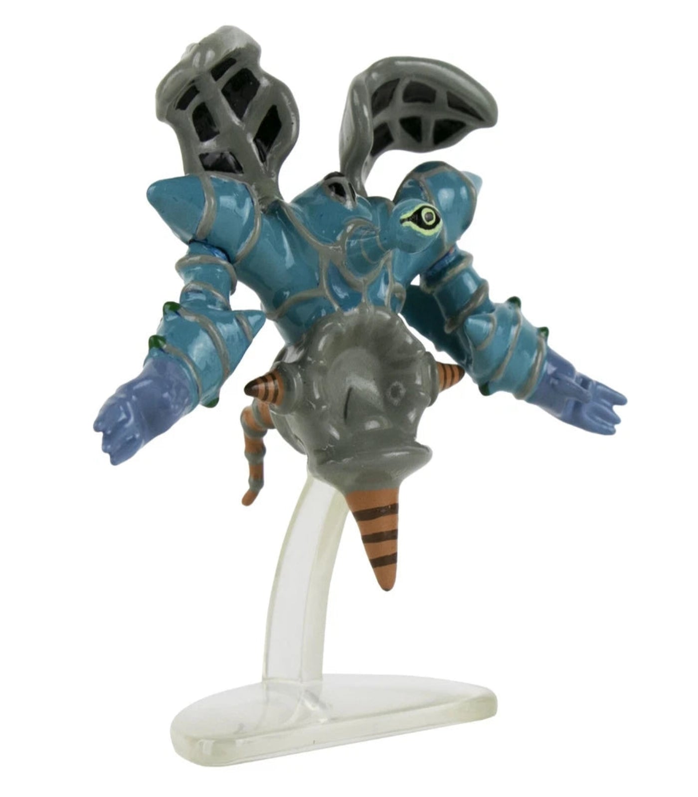 Toy figure on a white stand with a white background