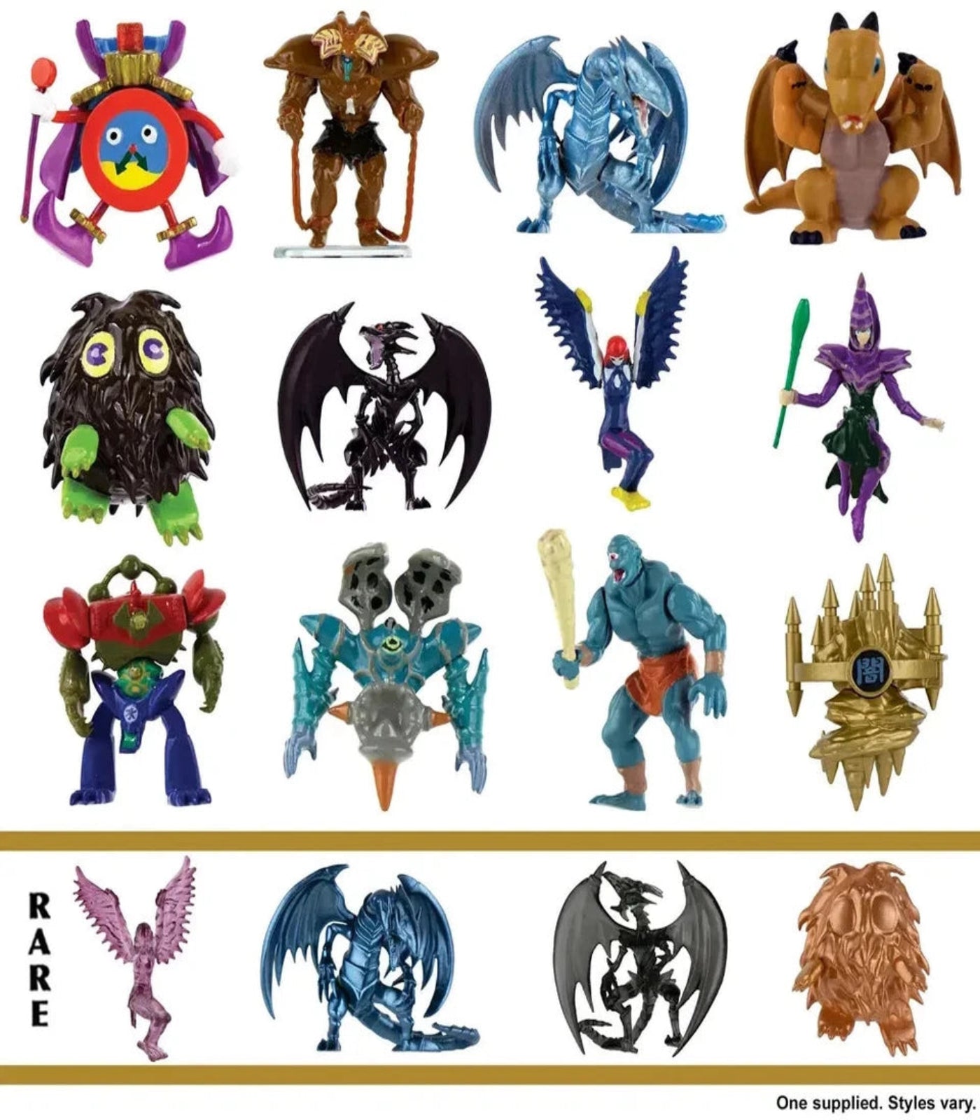 Collection of various toy figures on a white background with 'RARE' label.