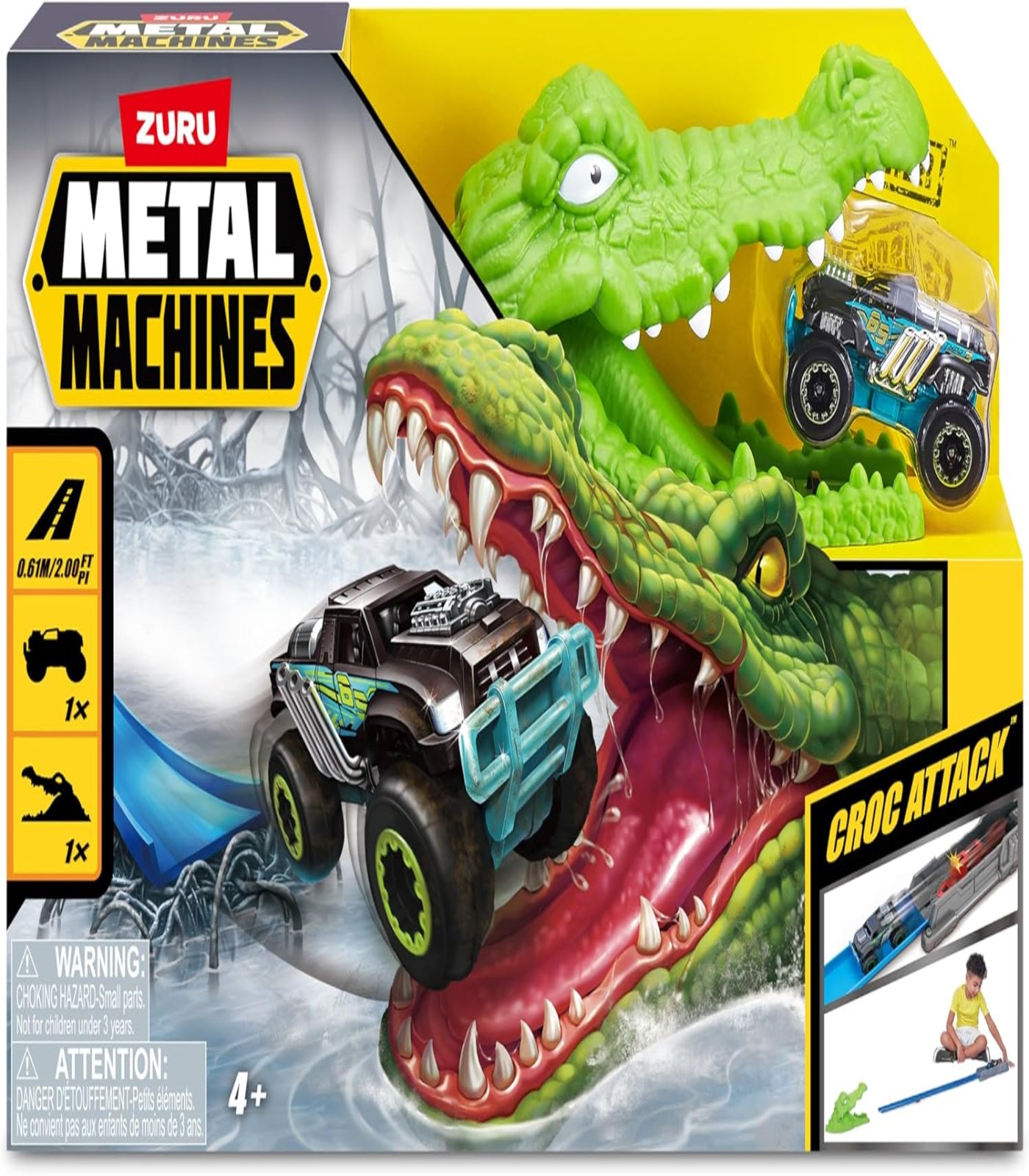 Zuru Metal Machines Croc Attack toy set packaging with two cars and an alligator figure.