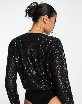 ASOS DESIGN Curve Sequin Wrap Bodysuit - Black Size 22 RRP £34