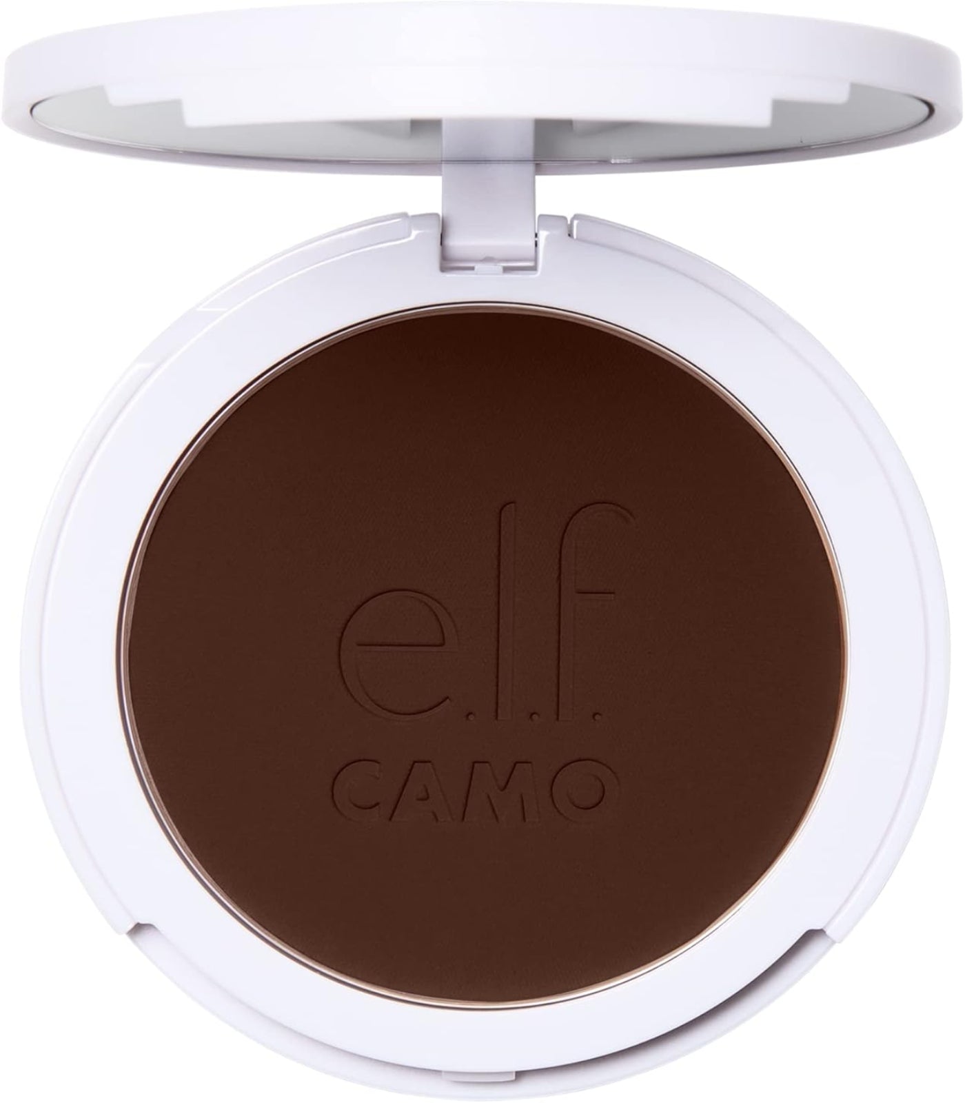 Compact powder with 'elf Camo' branding on a white background
