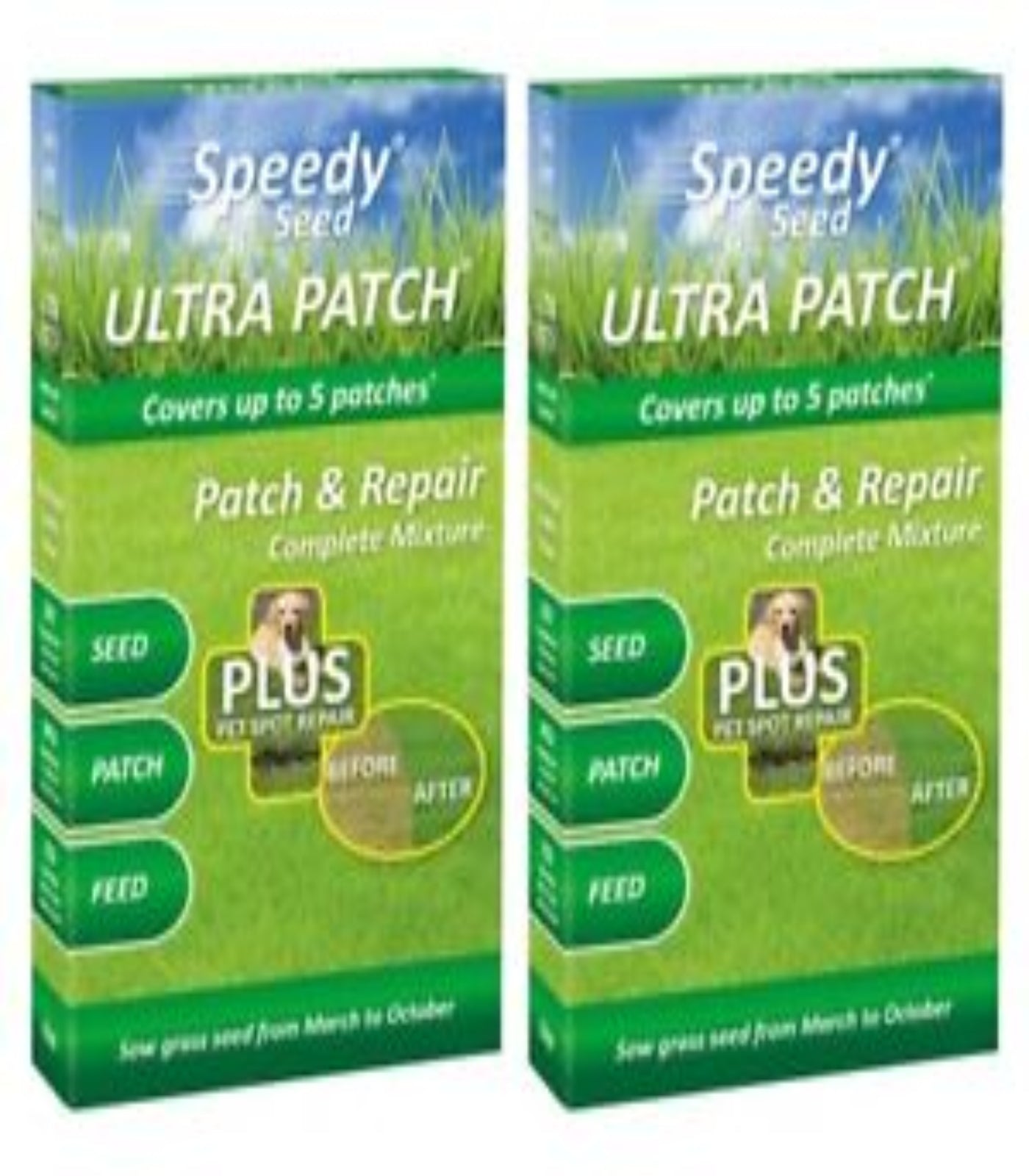 Two boxes of Speedy Seed Ultra Patch repair product on a white background