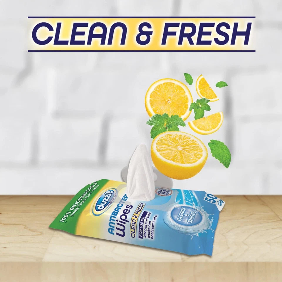 Duzzit Biodegradable Antibacterial Clean And Fresh 50 Wipes (2 Pack)