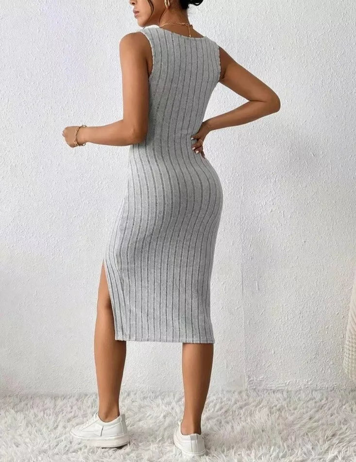 Grey Bodycon Ribbed Split Dress Size M