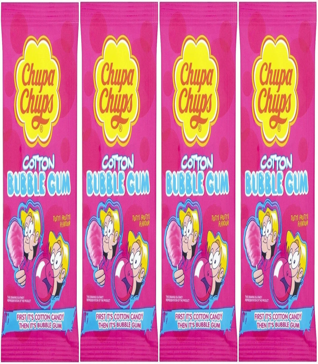 Four packages of Chupa Chups Cotton Bubble Gum on a white background